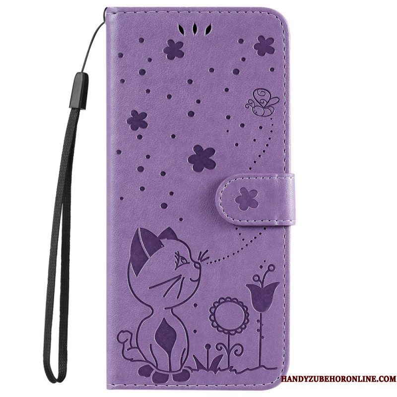 Leren Hoesje voor iPhone 14 Pro Max Met Ketting Strappy Kat En Bijen