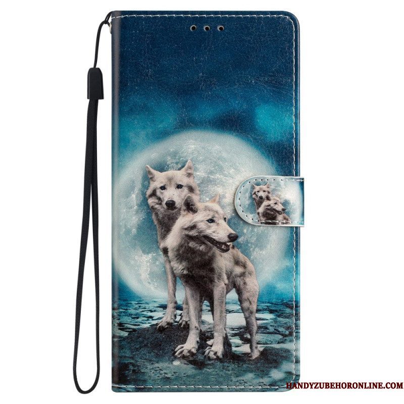 Leren Hoesje voor iPhone 15 Plus Met Ketting Lanyard Wolven