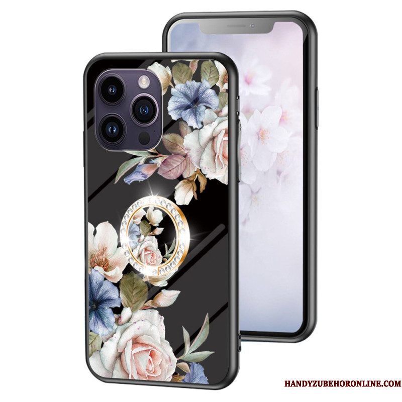 Telefoonhoesje voor iPhone 15 Pro Max Gebloemd Gehard Glas Met Steunring