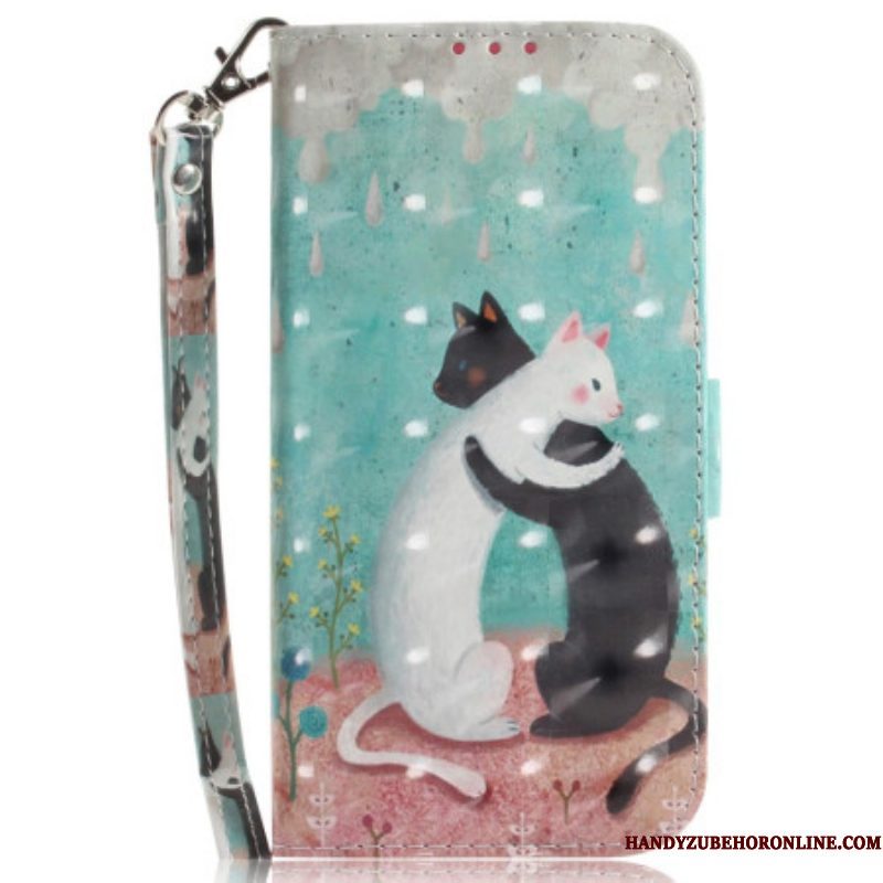 Flip Case voor Moto G73 5G Met Ketting Zwarte Kat Witte Kat Met Riem