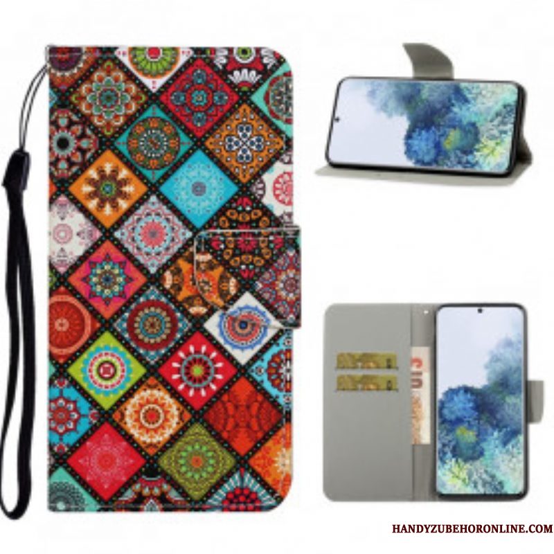 Flip Case voor Samsung Galaxy S21 Ultra 5G Lappendeken Mandala's Met Lanyard