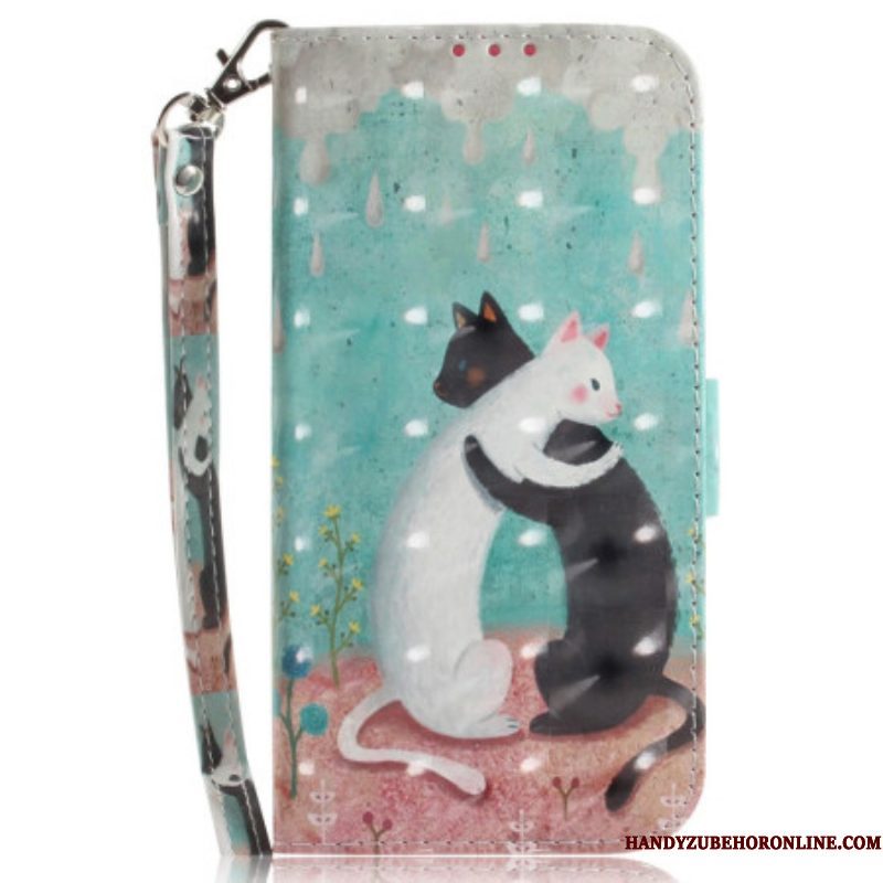 Flip Case voor Xiaomi 12 / 12X Met Ketting Zwarte Kat Witte Kat Met Riem