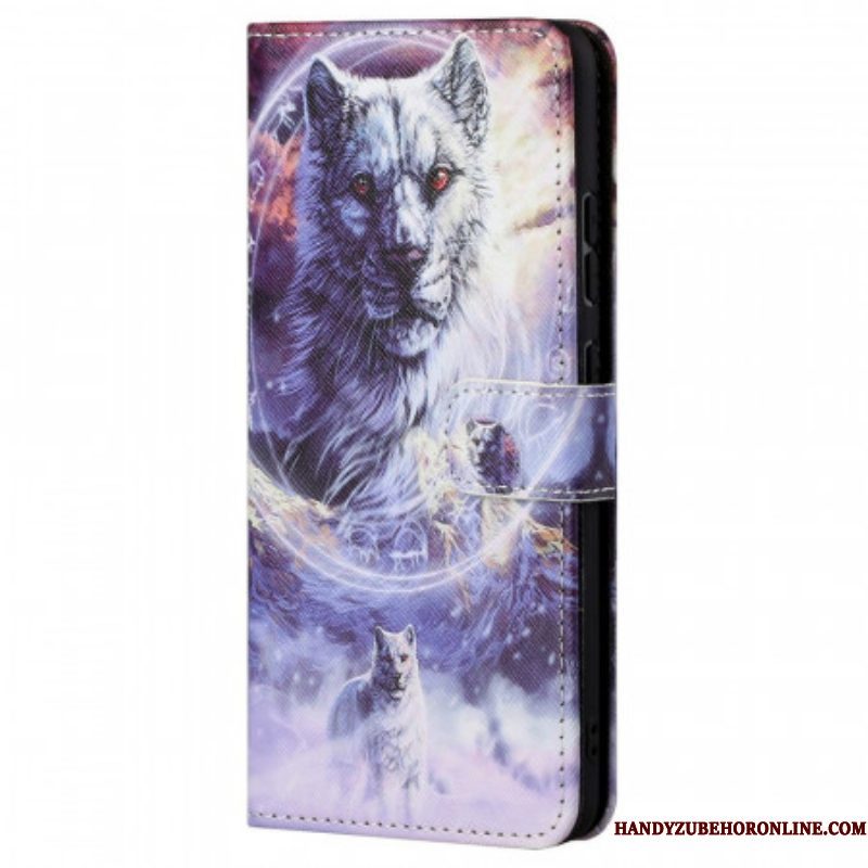 Flip Case voor Xiaomi Redmi Note 11 Pro / 11 Pro 5G Wolf In De Winter Met Sleutelkoord