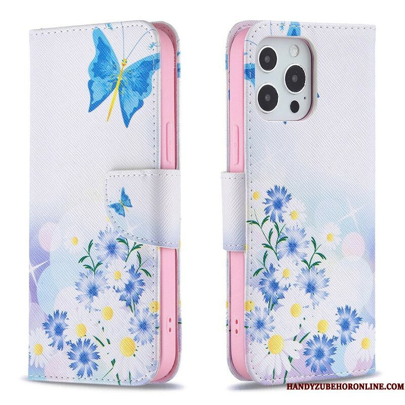 Flip Case voor iPhone 13 Pro Max Geschilderde Vlinders En Bloemen