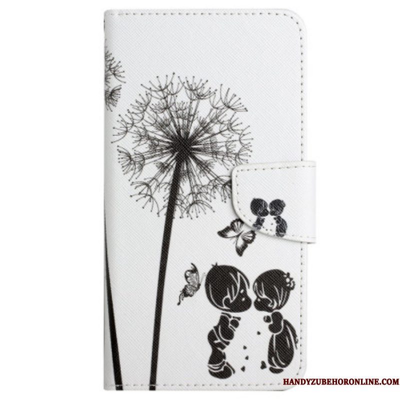 Flip Case voor iPhone 15 Met Ketting Paardenbloem Love Met Riempje