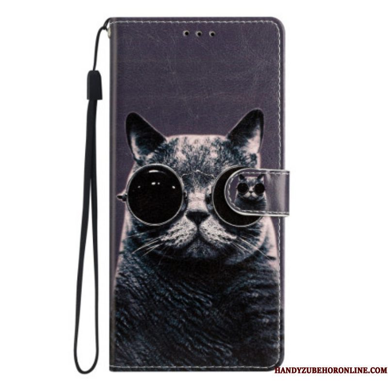 Folio-hoesje voor Moto G73 5G Met Ketting Bril Met Bandjes Cat