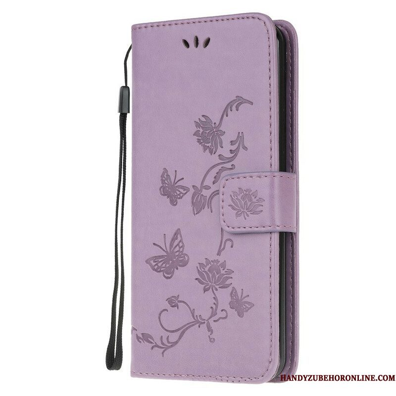 Folio-hoesje voor Samsung Galaxy A42 5G Met Ketting String Vlinders En Bloemen