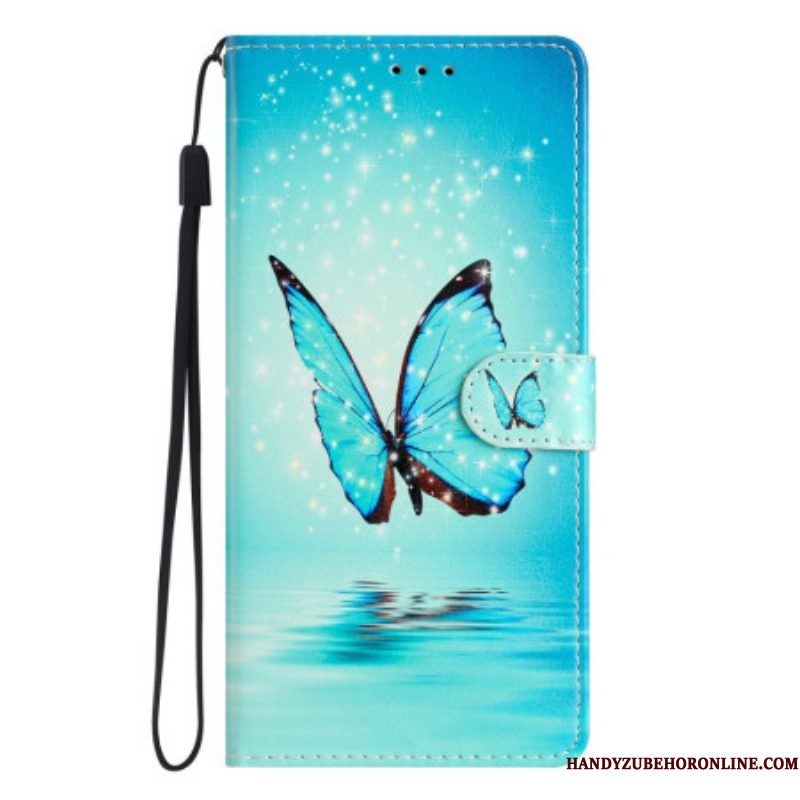 Folio-hoesje voor Samsung Galaxy A54 5G Met Ketting Blauwe Vlinder Met Riem