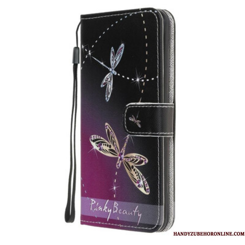 Folio-hoesje voor Samsung Galaxy M12 / A12 Met Ketting Strappy Libellen