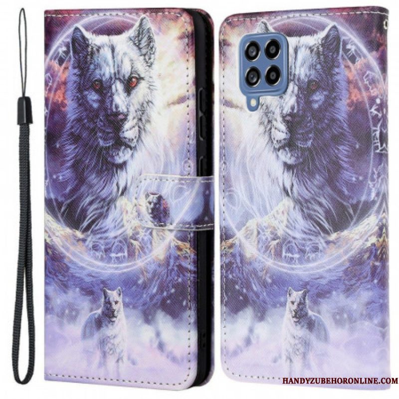 Folio-hoesje voor Samsung Galaxy M53 5G Met Ketting Lanyard Wolf