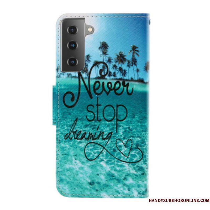 Folio-hoesje voor Samsung Galaxy S21 Plus 5G Met Ketting Stop Nooit Met Dromen In Marineblauwe Bandjes