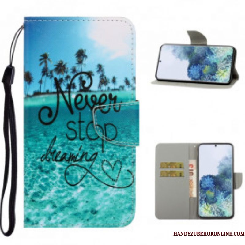 Folio-hoesje voor Samsung Galaxy S21 Ultra 5G Met Ketting Stop Nooit Met Dromen In Marineblauwe Bandjes