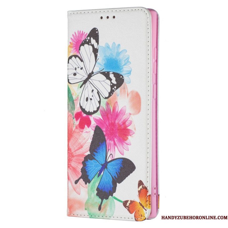 Folio-hoesje voor Samsung Galaxy S22 Ultra 5G Geschilderde Vlinders En Bloemen