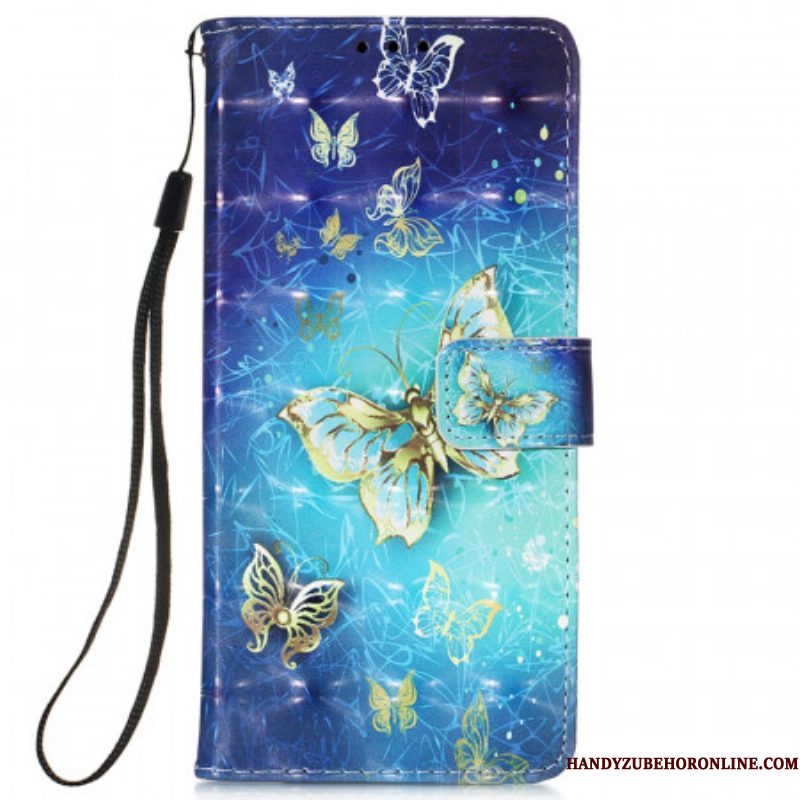 Folio-hoesje voor Samsung Galaxy S22 Ultra 5G Gouden Vlinders Lanyard