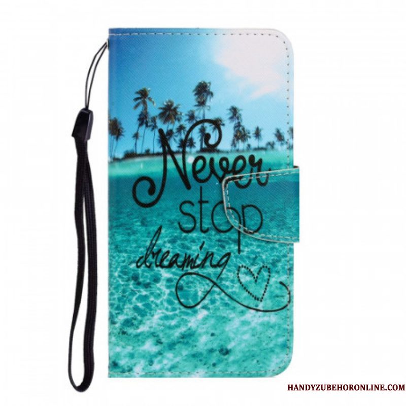 Folio-hoesje voor Samsung Galaxy S22 Ultra 5G Met Ketting Stop Nooit Met Dromen In Marineblauwe Bandjes