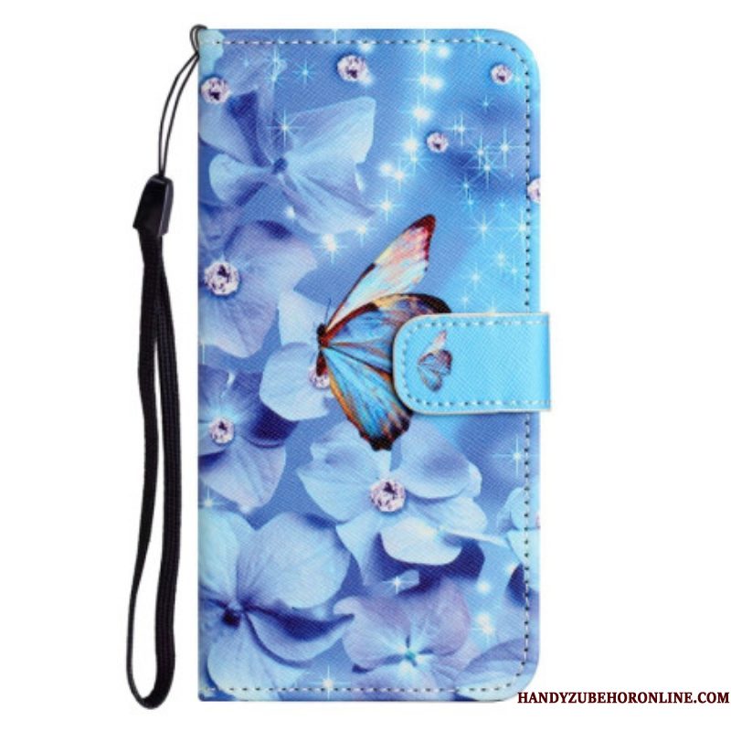 Folio-hoesje voor Samsung Galaxy S23 5G Met Ketting Strappy Diamanten Vlinders