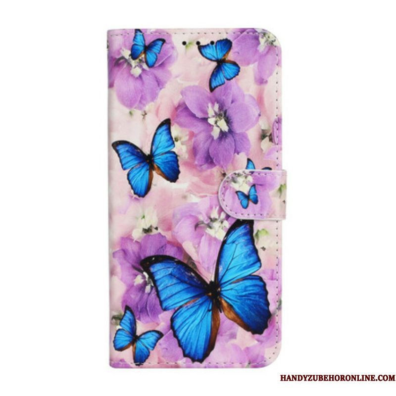 Folio-hoesje voor iPhone 13 Mini Blauwe Vlinders In Bloemen