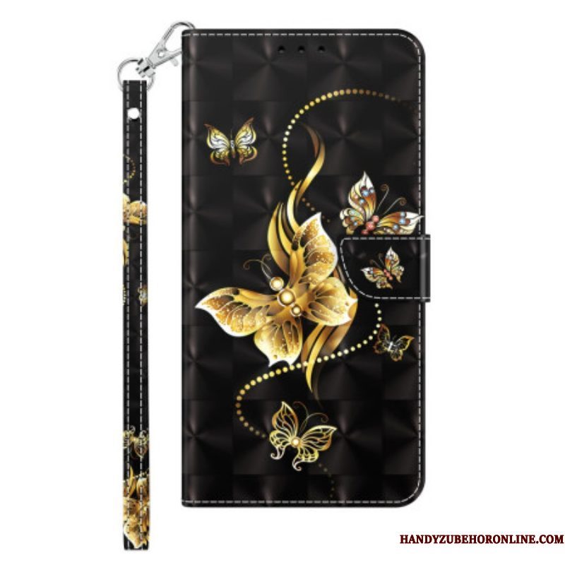 Folio-hoesje voor iPhone 14 Met Ketting Gouden Vlinders Met Riem