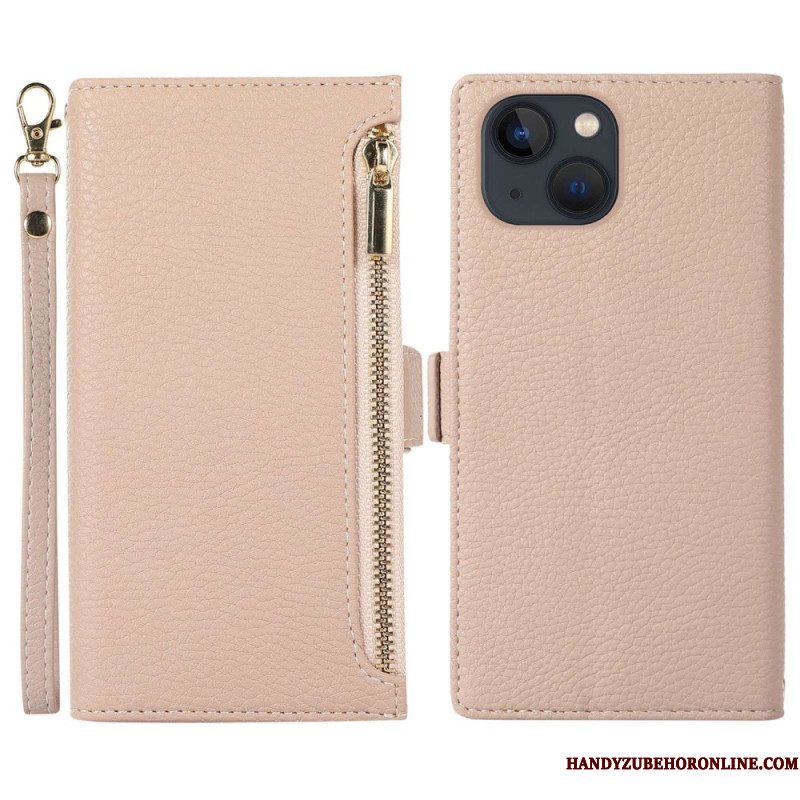 Folio-hoesje voor iPhone 14 Plus Met Ketting Litchi Leer Met Riem En Ritssluiting