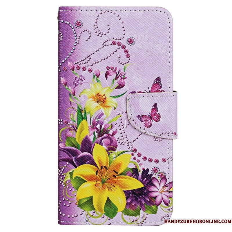 Folio-hoesje voor iPhone 15 Met Ketting Vlinders En Bloemen Met Riempje | modehoesje.com Folio-hoesje voor iPhone 15 Met Ketting Vlinders En Bloemen Met Riempje