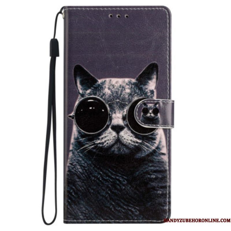 Folio-hoesje voor iPhone 15 Plus Met Ketting Kat Met Riembril