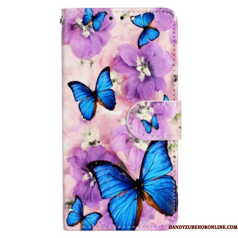 Folio-hoesje voor iPhone 15 Plus Met Ketting Kleine Blauwe Vlinders Met Riempje