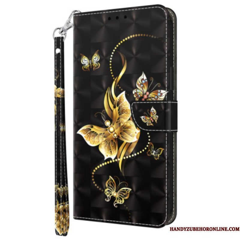 Folio-hoesje voor iPhone 15 Pro Met Ketting Gouden Vlinders Met Riem