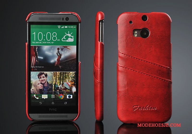 Hoesje Htc One M8 Leer Kaarttelefoon, Hoes Htc One M8 Bescherming Achterklep Rood