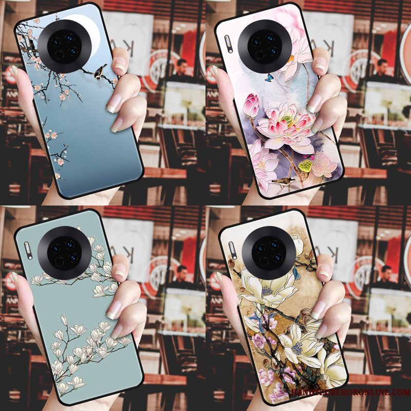 Hoesje Huawei Mate 30 Vintage Bloemen Wind, Hoes Huawei Mate 30 Zacht Zwarttelefoon