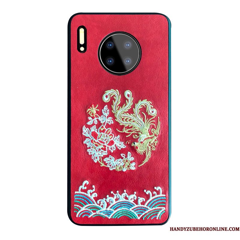 Hoesje Huawei Mate 30 Zakken Chinese Stijl Borduurwerk, Hoes Huawei Mate 30 Siliconen Anti-fall Rood