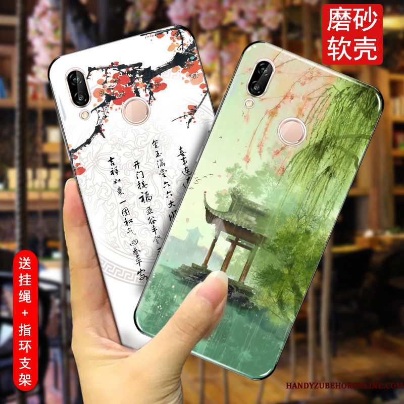 Hoesje Huawei P Smart+ Zacht Eenvoudige Inkt, Hoes Huawei P Smart+ Bescherming Chinese Stijl Roze