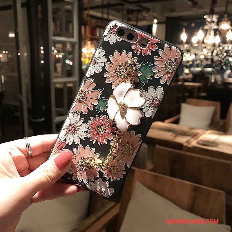 Hoesje Huawei P10 Siliconen Schrobben Bloemen, Hoes Huawei P10 Reliëf Zwarttelefoon