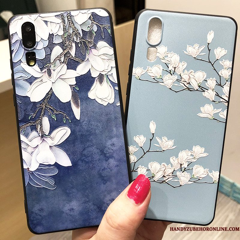 Hoesje Huawei P20 Zacht Blauw Anti-fall, Hoes Huawei P20 Bloemen Trend Persoonlijk