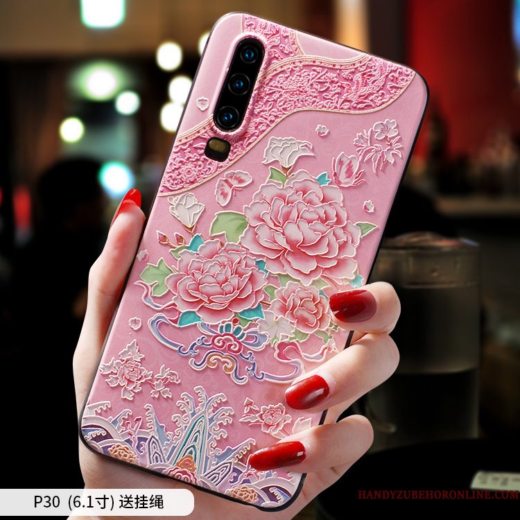 Hoesje Huawei P30 Zakken Chinese Stijl Schrobben, Hoes Huawei P30 Siliconen Trend Hanger