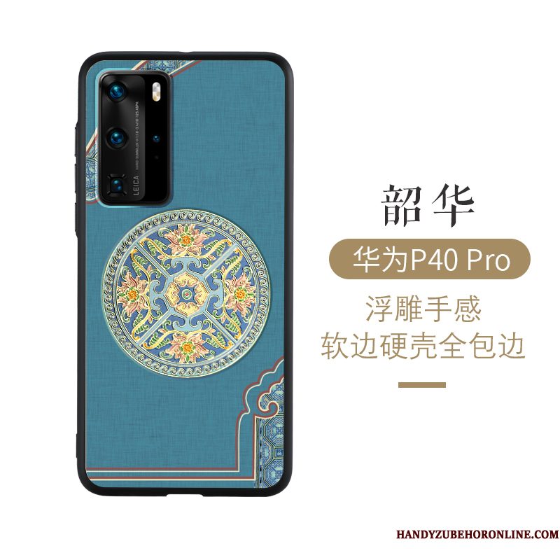 Hoesje Huawei P40 Pro Bescherming Persoonlijk Anti-fall, Hoes Huawei P40 Pro Reliëf Blauw Chinese Stijl