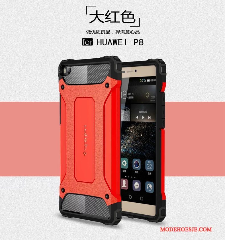 Hoesje Huawei P8 Siliconen Gasbag Rood, Hoes Huawei P8 Metaal Anti-fall Drie Verdedigingen