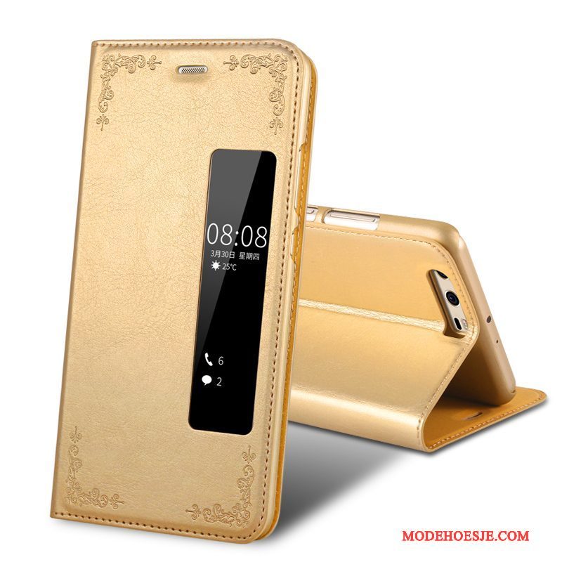 Hoesje Huawei P9 Folio Goud Anti-fall, Hoes Huawei P9 Leer Telefoon