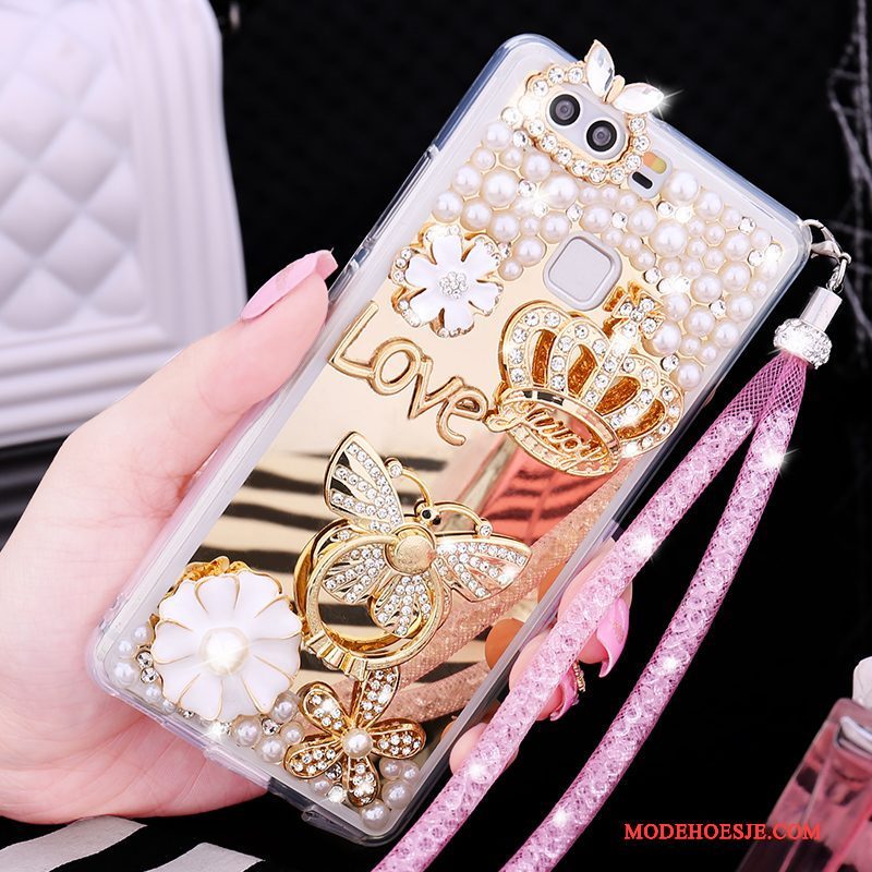 Hoesje Huawei P9 Siliconen Telefoon Goud, Hoes Huawei P9 Strass Hanger Anti-fall