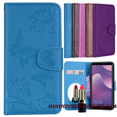 Hoesje Huawei Y6 2018 Zakken Vlinder Bloementelefoon, Hoes Huawei Y6 2018 Leer Kaart Blauw