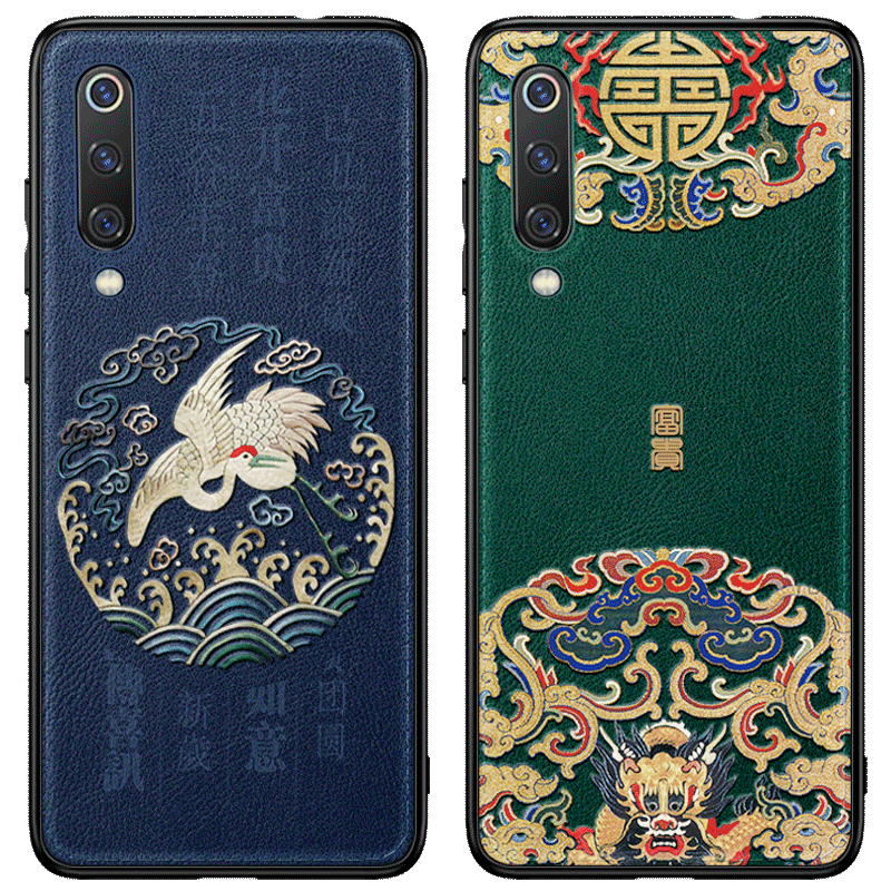 Hoesje Mi 9 Lite Leer Patroon Groen, Hoes Mi 9 Lite Bescherming Chinese Stijl Dun