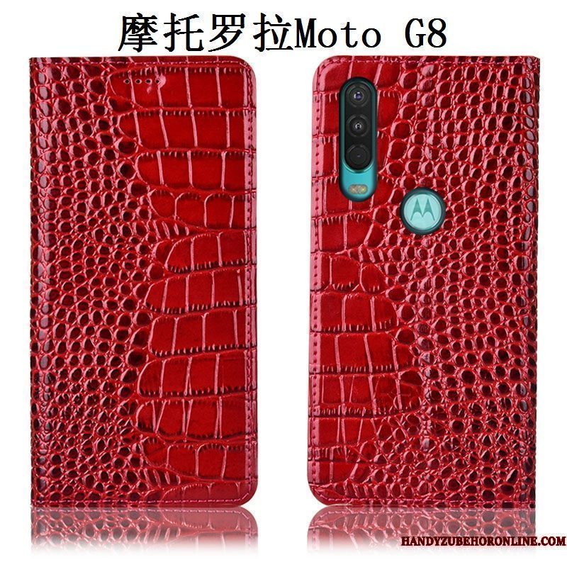 Hoesje Moto G8 Leer Anti-fall Rood, Hoes Moto G8 Zakken Telefoon