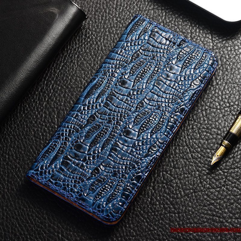 Hoesje Moto G8 Zakken Telefoon Blauw, Hoes Moto G8 Leer Krokodil