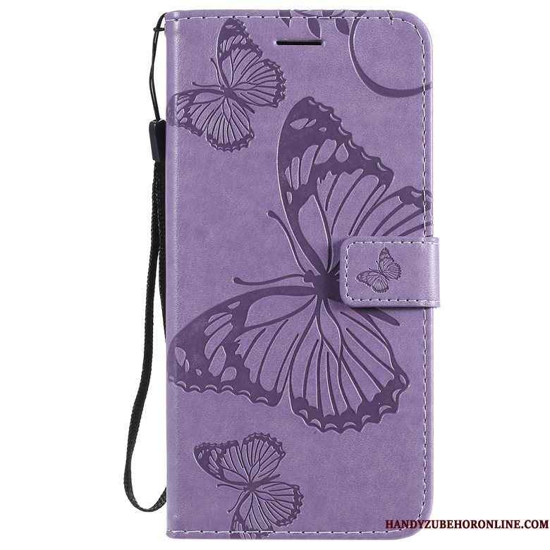 Hoesje Motorola One Macro Bescherming Telefoon Vlinder Bloemen, Hoes Motorola One Macro Leer Purper