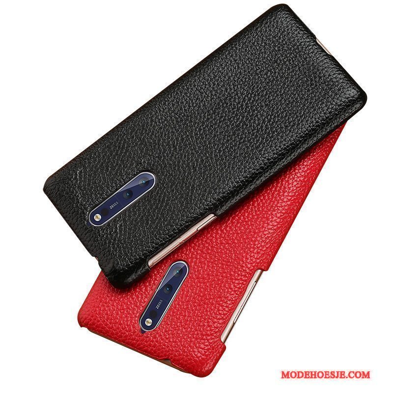 Hoesje Nokia 8 Leer Rood Zwart, Hoes Nokia 8 Hard Anti-fall