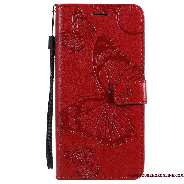 Hoesje Redmi Note 8t Leer Telefoon Anti-fall, Hoes Redmi Note 8t Bescherming Rood Vlinder Bloemen