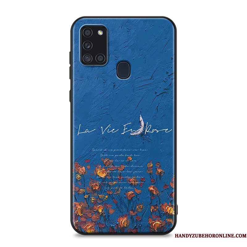 Hoesje Samsung Galaxy A21s Zacht Bloemen Schrobben, Hoes Samsung Galaxy A21s Siliconen Blauw Olieverfschilderij