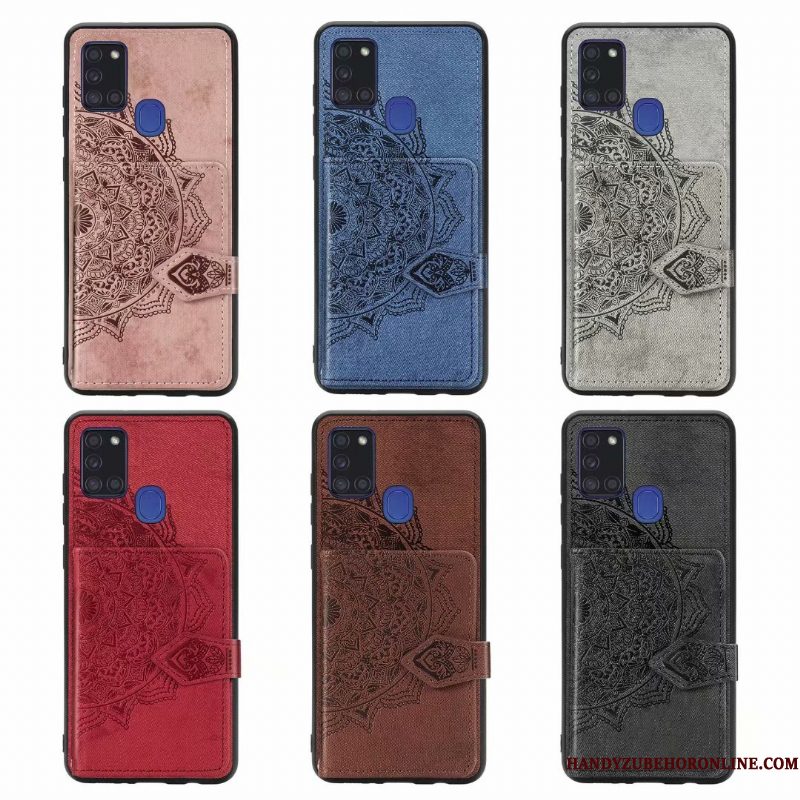 Hoesje Samsung Galaxy A21s Zakken Doektelefoon, Hoes Samsung Galaxy A21s Leer Patroon Blauw