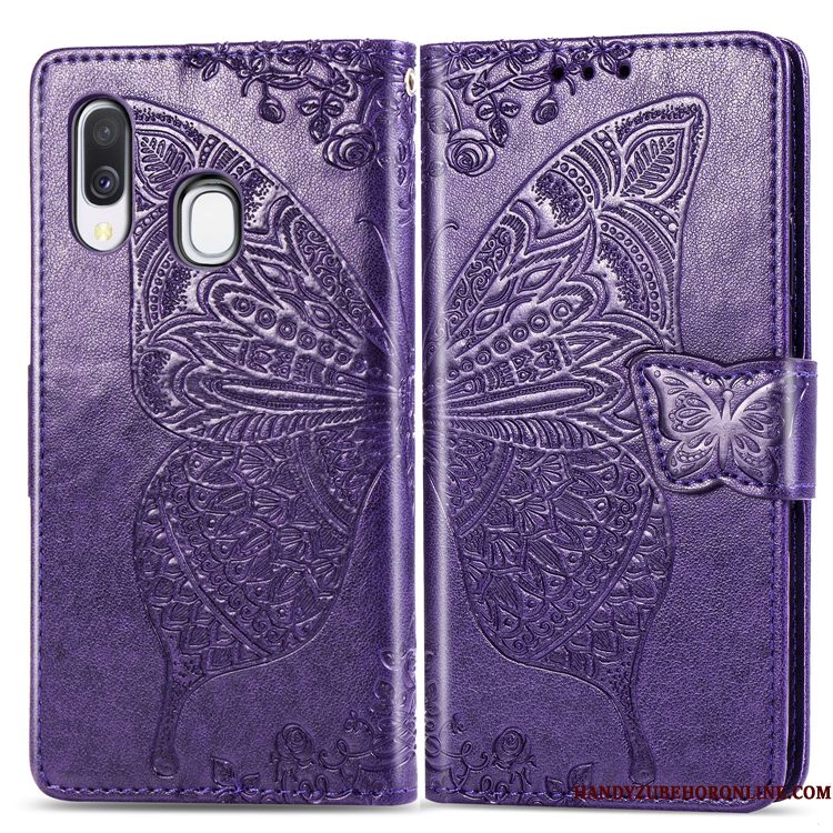 Hoesje Samsung Galaxy A40 Bescherming Telefoon Bloemen, Hoes Samsung Galaxy A40 Folio Purper Hanger