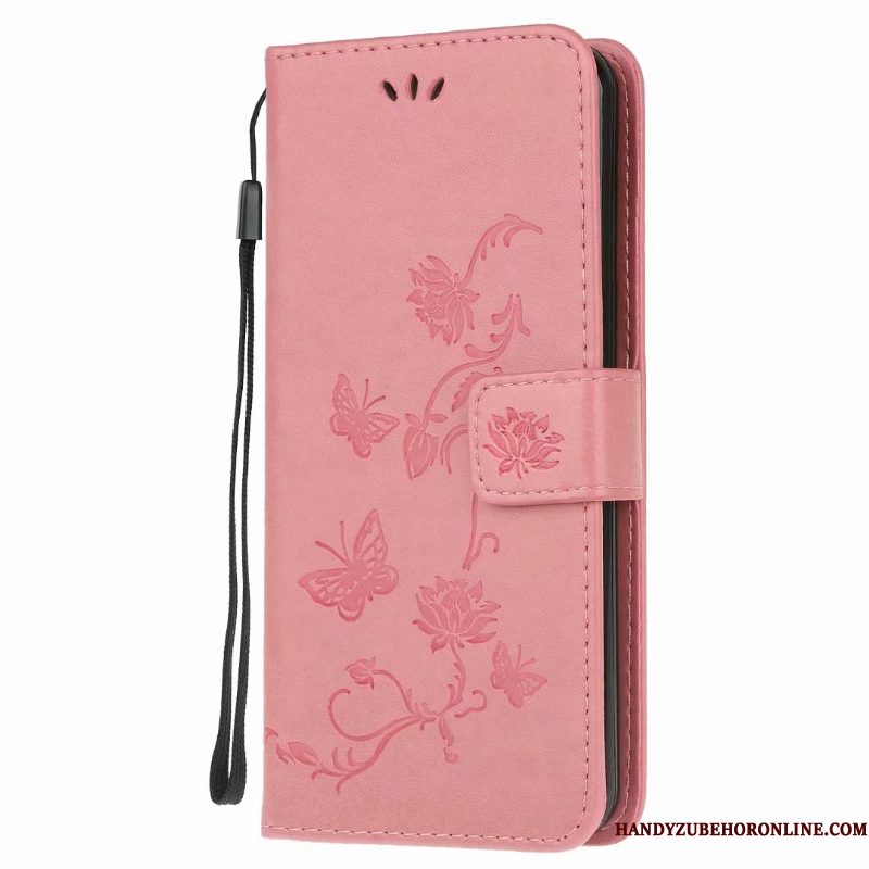 Hoesje Samsung Galaxy A41 Folio Anti-fall Bloemen, Hoes Samsung Galaxy A41 Zacht Vlinder Roze