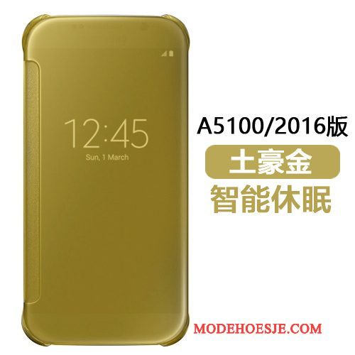 Hoesje Samsung Galaxy A5 2016 Folio Goud Spiegel, Hoes Samsung Galaxy A5 2016 Leer Telefoon